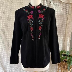 90s Vintage Notations Black Floral Embroidered Zip Up Jacket Medium Whimsigoth